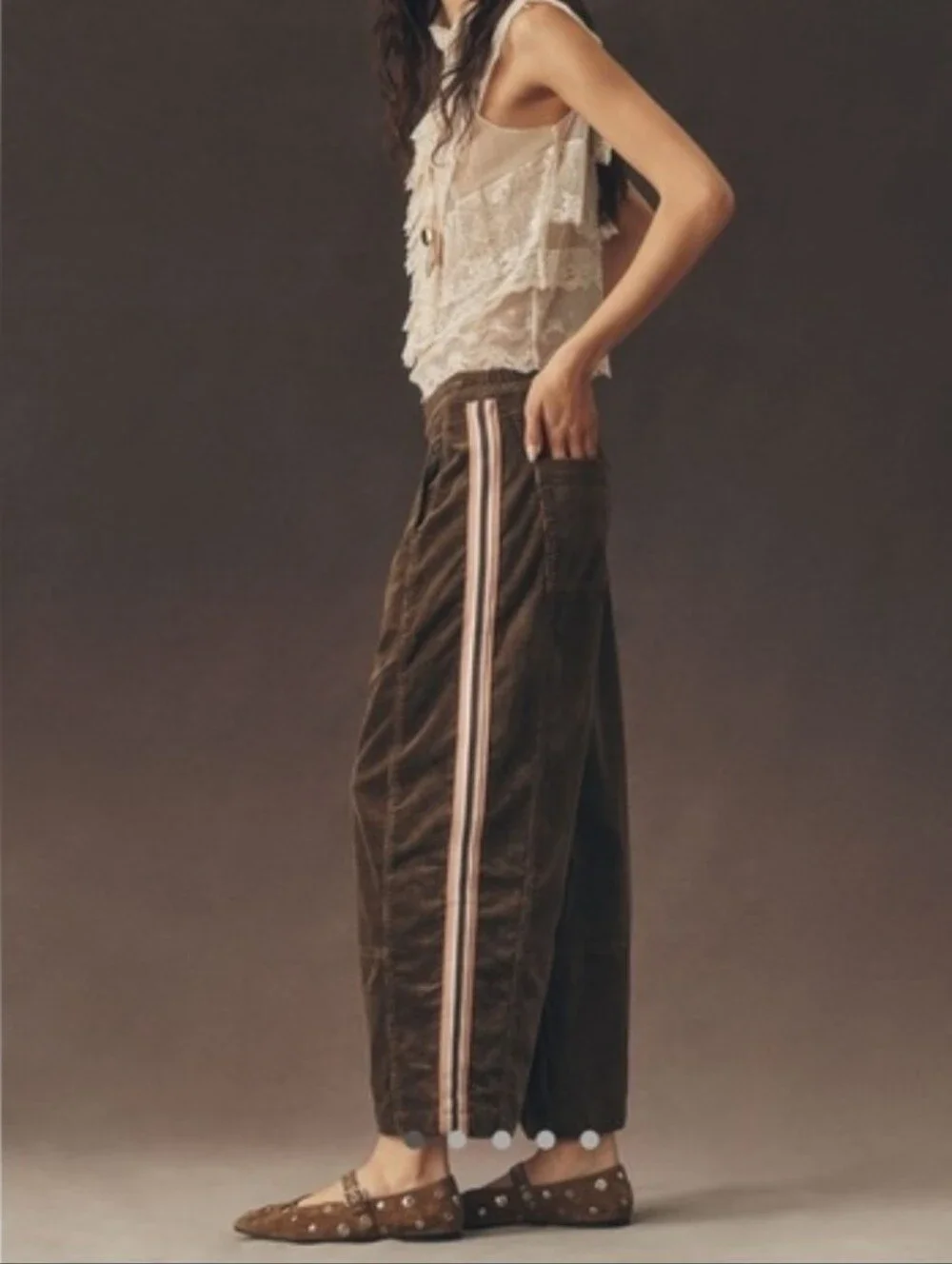 Pilcro Izzy Barrel Leg Corduroy Pants Brown with Side Stripe XS Run Generous